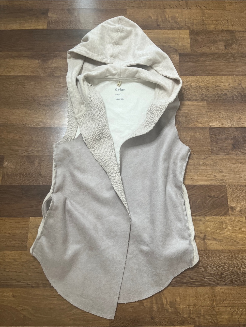 Dylan Faux Shearling and Suede Oatmeal Tan Cabincore Vest With Hood and Pockets